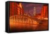 Hamburg Warehouse District, Illuminated, Red, Evening-Thomas Ebelt-Framed Stretched Canvas