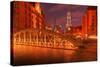 Hamburg Warehouse District, Illuminated, Red, Evening-Thomas Ebelt-Stretched Canvas