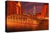 Hamburg Warehouse District, Illuminated, Red, Evening-Thomas Ebelt-Stretched Canvas