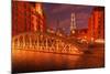 Hamburg Warehouse District, Illuminated, Red, Evening-Thomas Ebelt-Mounted Photographic Print