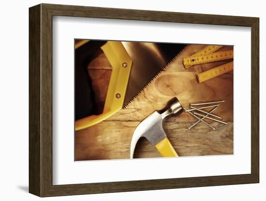 Hammer, Nails, Ruler and Saw on Wood-STILLFX-Framed Photographic Print