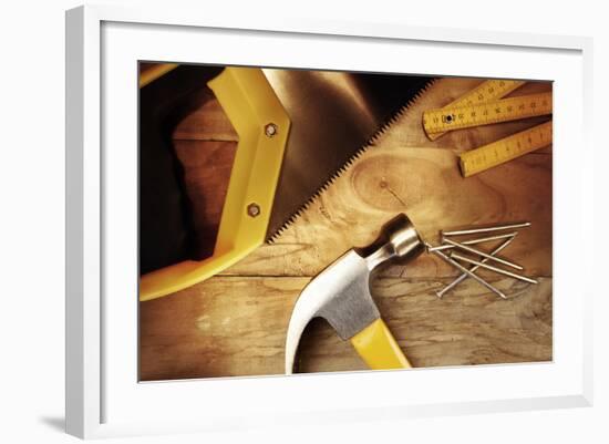 Hammer, Nails, Ruler and Saw on Wood-STILLFX-Framed Photographic Print