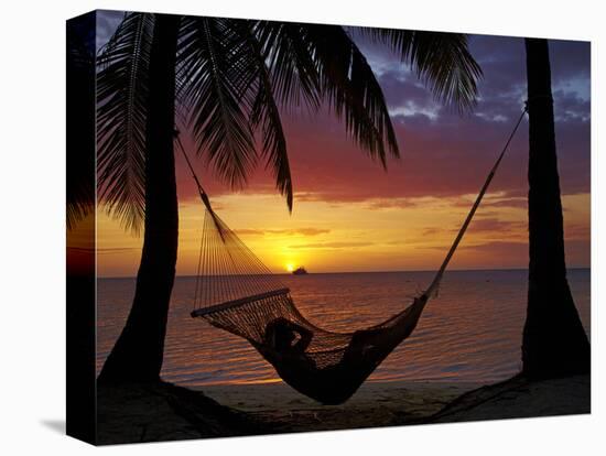 Hammock and Sunset, Plantation Island Resort, Malolo Lailai Island, Mamanuca Islands, Fiji-David Wall-Stretched Canvas