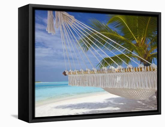 Hammock on Tropical Beach, Maldives, Indian Ocean, Asia-Sakis Papadopoulos-Framed Stretched Canvas