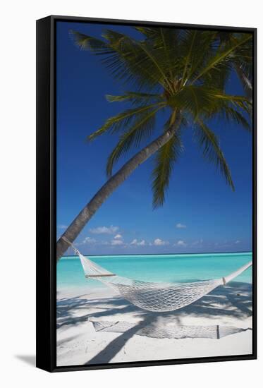 Hammock on Tropical Beach, Maldives, Indian Ocean, Asia-Sakis Papadopoulos-Framed Stretched Canvas