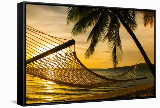 Hammock Silhouette with Palm Trees on a Beautiful Beach at Sunset-Martin Valigursky-Framed Stretched Canvas