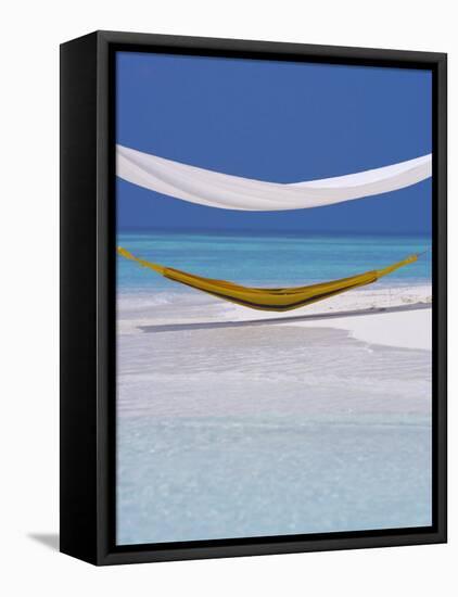 Hammock under Shelter on Tropical Beach, Maldives, Indian Ocean, Asia-Sakis Papadopoulos-Framed Stretched Canvas