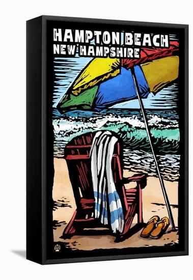 Hampton Beach, New Hampshire - Beach Chair - Scratchboard-Lantern Press-Framed Stretched Canvas