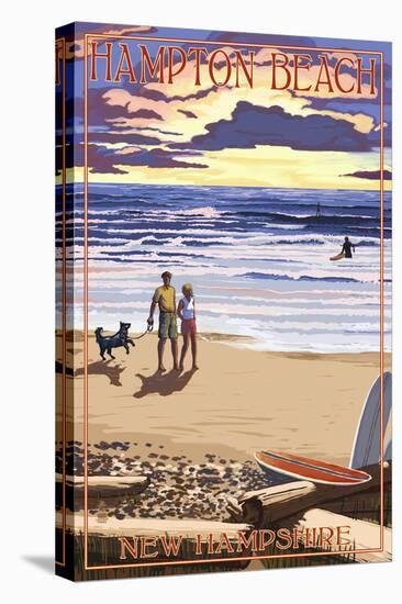 Hampton Beach, New Hampshire - Beach Scene and Surfers Walk at Sunset-Lantern Press-Stretched Canvas