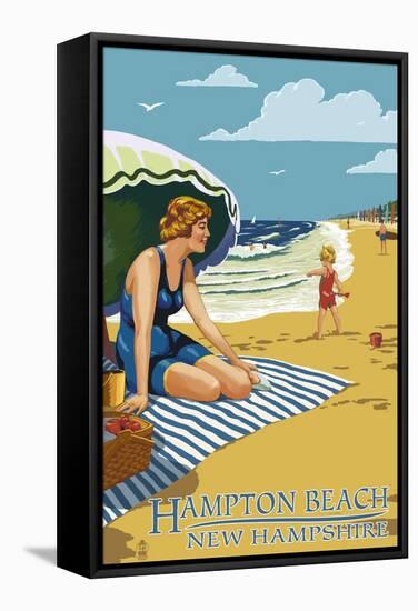 Hampton Beach, New Hampshire - Woman on the Beach-Lantern Press-Framed Stretched Canvas