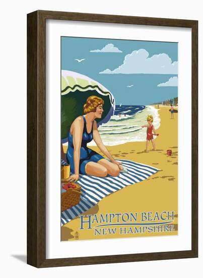 Hampton Beach, New Hampshire - Woman on the Beach-Lantern Press-Framed Art Print