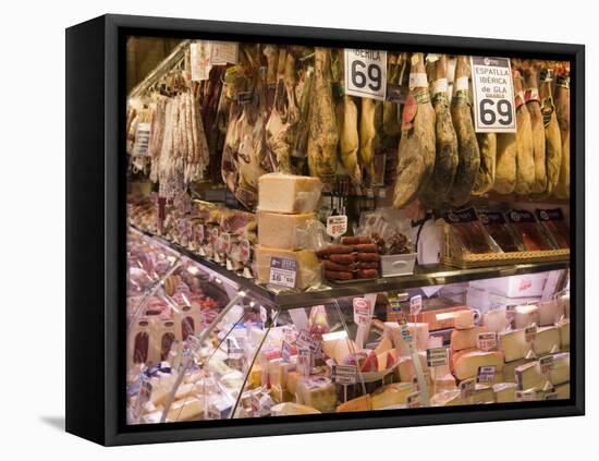Hams, Jamon and Cheese Stall, La Boqueria, Market, Barcelona, Catalonia, Spain, Europe-Martin Child-Framed Stretched Canvas