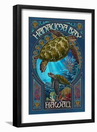 Hanauma Bay, Hawai'i - Sea Turtle - Art Nouveau-Lantern Press-Framed Art Print