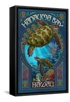 Hanauma Bay, Hawai'i - Sea Turtle - Art Nouveau-Lantern Press-Framed Stretched Canvas