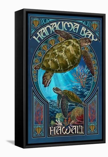 Hanauma Bay, Hawai'i - Sea Turtle - Art Nouveau-Lantern Press-Framed Stretched Canvas