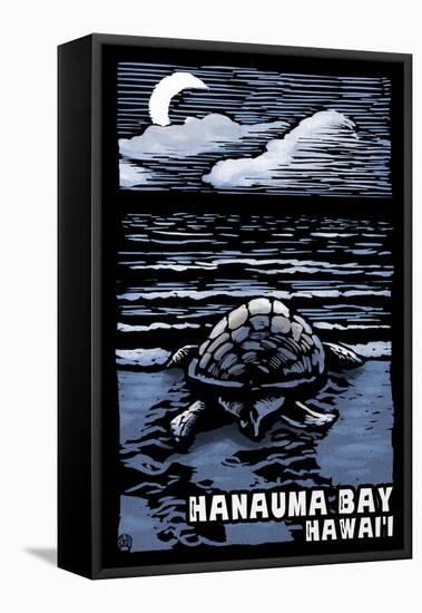 Hanauma Bay, Hawai'i - Sea Turtle - Scratchboard-Lantern Press-Framed Stretched Canvas