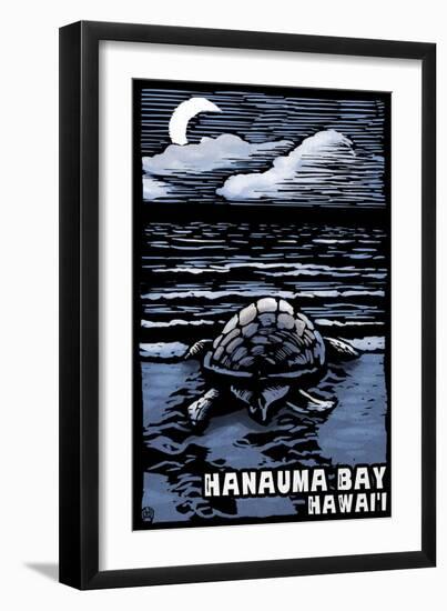 Hanauma Bay, Hawai'i - Sea Turtle - Scratchboard-Lantern Press-Framed Art Print