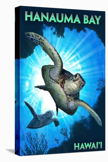 Hanauma Bay, Hawai'i - Sea Turtles Diving-Lantern Press-Stretched Canvas