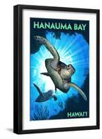 Hanauma Bay, Hawai'i - Sea Turtles Diving-Lantern Press-Framed Art Print