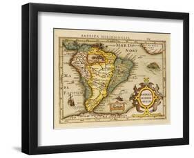 Hand Colored Engraved Map of South America, 1610-Gerardus Mercator-Framed Giclee Print