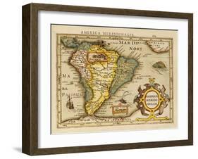 Hand Colored Engraved Map of South America, 1610-Gerardus Mercator-Framed Giclee Print