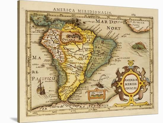 Hand Colored Engraved Map of South America, 1610-Gerardus Mercator-Stretched Canvas