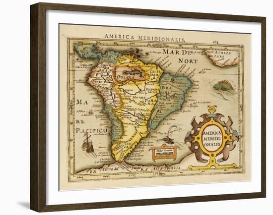 Hand Colored Engraved Map of South America, 1610-Gerardus Mercator-Framed Giclee Print