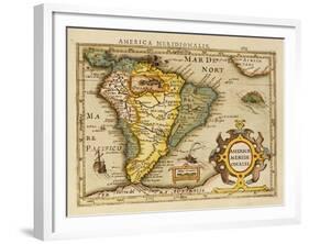 Hand Colored Engraved Map of South America, 1610-Gerardus Mercator-Framed Giclee Print