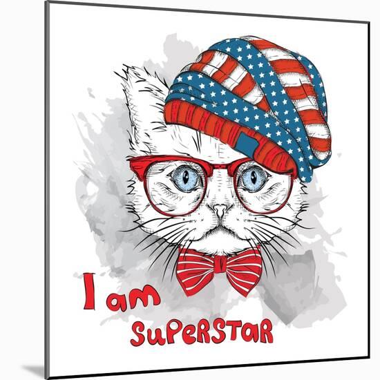 Hand Draw Cat in a USA Hat. Vector Illustration-Sunny Whale-Mounted Art Print