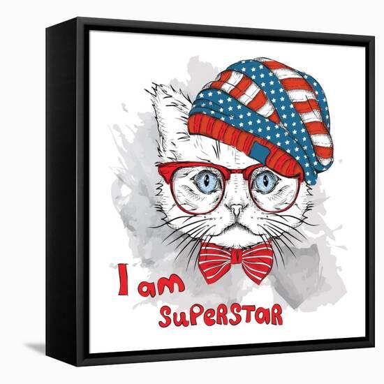 Hand Draw Cat in a USA Hat. Vector Illustration-Sunny Whale-Framed Stretched Canvas