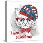 Hand Draw Cat in a USA Hat. Vector Illustration-Sunny Whale-Stretched Canvas