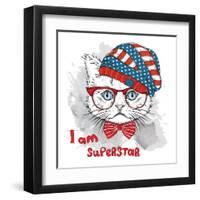 Hand Draw Cat in a USA Hat. Vector Illustration-Sunny Whale-Framed Art Print