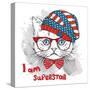 Hand Draw Cat in a USA Hat. Vector Illustration-Sunny Whale-Stretched Canvas