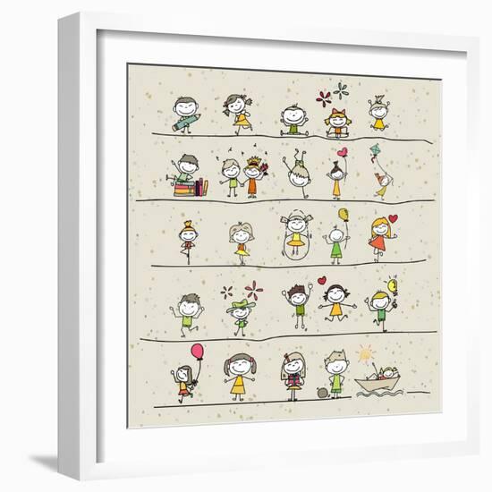 Hand Drawing Cartoon Happy Kids Playing-AtthameeNi-Framed Art Print