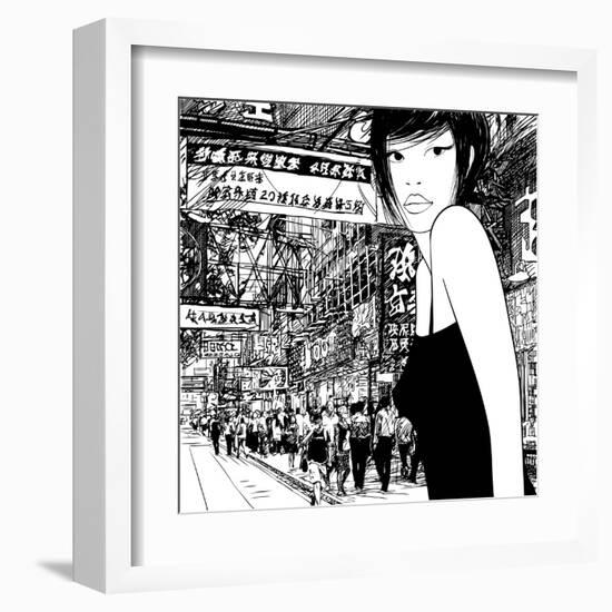 Hand Drawing of a Chinese Girl in Hong Kong (Vector) (All the Signs are Fictitious)-isaxar-Framed Art Print