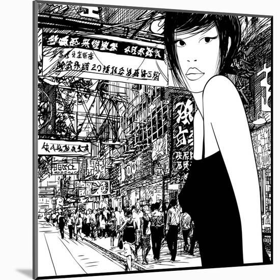 Hand Drawing of a Chinese Girl in Hong Kong (Vector) (All the Signs are Fictitious)-isaxar-Mounted Art Print