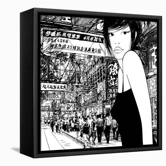 Hand Drawing of a Chinese Girl in Hong Kong (Vector) (All the Signs are Fictitious)-isaxar-Framed Stretched Canvas