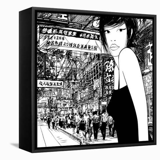 Hand Drawing of a Chinese Girl in Hong Kong (Vector) (All the Signs are Fictitious)-isaxar-Framed Stretched Canvas