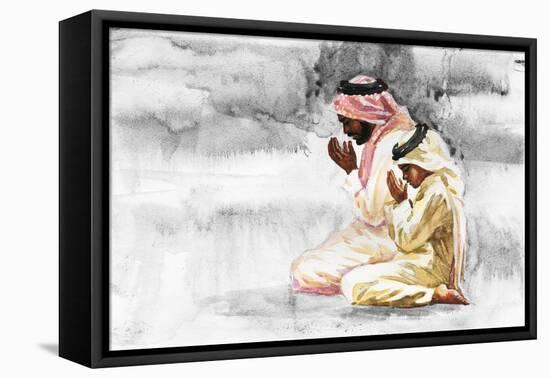 Hand Drawn Arabian Man and Son Praying Namaz. Watercolor Ramadan Kareem Illustration. Painting Isol-Cincinart-Framed Stretched Canvas