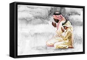 Hand Drawn Arabian Man and Son Praying Namaz. Watercolor Ramadan Kareem Illustration. Painting Isol-Cincinart-Framed Stretched Canvas