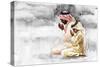 Hand Drawn Arabian Man and Son Praying Namaz. Watercolor Ramadan Kareem Illustration. Painting Isol-Cincinart-Stretched Canvas