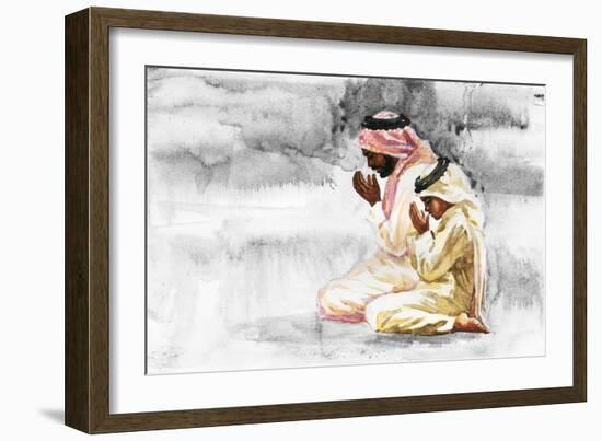 Hand Drawn Arabian Man and Son Praying Namaz. Watercolor Ramadan Kareem Illustration. Painting Isol-Cincinart-Framed Art Print