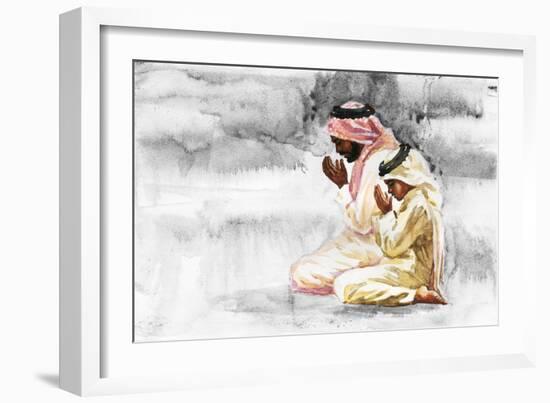 Hand Drawn Arabian Man and Son Praying Namaz. Watercolor Ramadan Kareem Illustration. Painting Isol-Cincinart-Framed Art Print