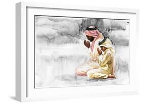 Hand Drawn Arabian Man and Son Praying Namaz. Watercolor Ramadan Kareem Illustration. Painting Isol-Cincinart-Framed Art Print