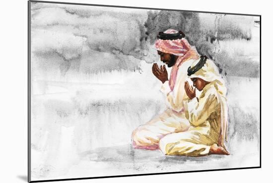 Hand Drawn Arabian Man and Son Praying Namaz. Watercolor Ramadan Kareem Illustration. Painting Isol-Cincinart-Mounted Art Print