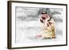 Hand Drawn Arabian Man and Son Praying Namaz. Watercolor Ramadan Kareem Illustration. Painting Isol-Cincinart-Framed Art Print