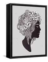 Hand Drawn Beautiful Artwork of a Girl Head with Decorative Hair and Romantic Flowers on Her Head.-Katja Gerasimova-Framed Stretched Canvas