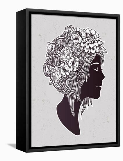 Hand Drawn Beautiful Artwork of a Girl Head with Decorative Hair and Romantic Flowers on Her Head.-Katja Gerasimova-Framed Stretched Canvas
