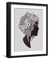 Hand Drawn Beautiful Artwork of a Girl Head with Decorative Hair and Romantic Flowers on Her Head.-Katja Gerasimova-Framed Art Print