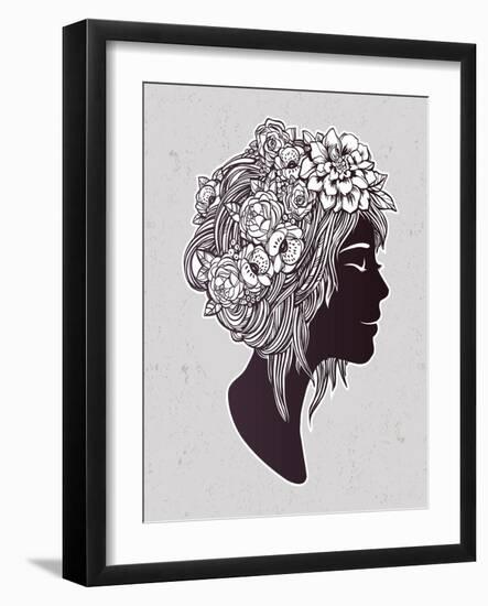 Hand Drawn Beautiful Artwork of a Girl Head with Decorative Hair and Romantic Flowers on Her Head.-Katja Gerasimova-Framed Art Print